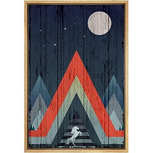  IDEA4WALL Framed Canvas Print Wall Art Wood Block Geometric Mountain Range with Horse Abstract Wilderness Illustrations Modern Art Rustic Colorful for Living Room, Bedroom, Office