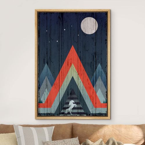  IDEA4WALL Framed Canvas Print Wall Art Wood Block Geometric Mountain Range with Horse Abstract Wilderness Illustrations Modern Art Rustic Colorful for Living Room, Bedroom, Office