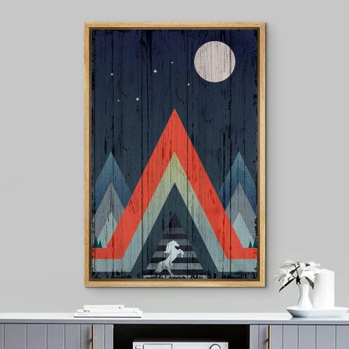  IDEA4WALL Framed Canvas Print Wall Art Wood Block Geometric Mountain Range with Horse Abstract Wilderness Illustrations Modern Art Rustic Colorful for Living Room, Bedroom, Office