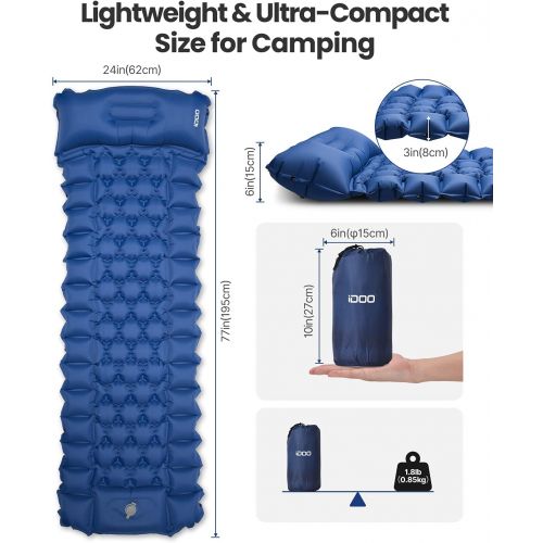  Sleeping Pad for Camping, iDOO Inflatable Camping Mattress with Foot Press and Pillow, Compact Lightweight Sleeping Mat Suit for Backpacking, Traveling, Camping, Waterproof, Form t