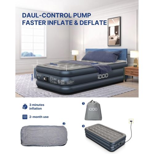  iDOO Air Mattress, Inflatable Airbed with Built-in Pump, 3 Mins Quick Self-Inflation/Deflation, Comfortable Top Surface Blow Up Bed for Home Portable Camping Travel, 75x39x18in, 55