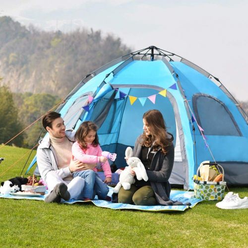  IDWO-Tent IDWO Camping Tent Waterproof Pop Up Tent Outdoor 3-4 Person Dome Tent Hiking Portable Hydraulic Tents, Blue