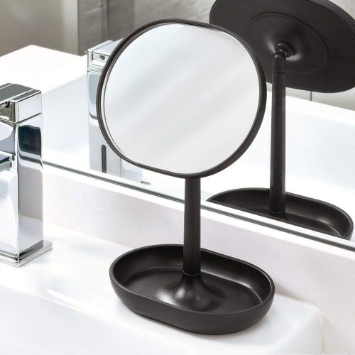  iDesign Cade Plastic Round Vanity, Standing Makeup Mirror and Accessory Tray for Countertop, Bathroom, Bedroom, Desk, Dorm, Matte Black