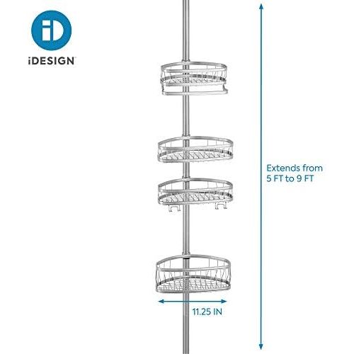  iDesign York Metal Wire Tension Rod Corner Shower Caddy, Adjustable 5-9 Pole and Baskets for Shampoo, Conditioner, Soap with Hooks for Razors, Towels, Silver