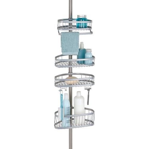  iDesign York Metal Wire Tension Rod Corner Shower Caddy, Adjustable 5-9 Pole and Baskets for Shampoo, Conditioner, Soap with Hooks for Razors, Towels, Silver