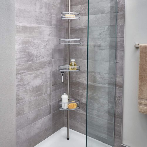  iDesign York Metal Wire Tension Rod Corner Shower Caddy, Adjustable 5-9 Pole and Baskets for Shampoo, Conditioner, Soap with Hooks for Razors, Towels, Silver