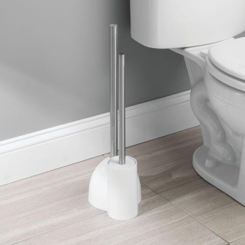  iDesign Toilet Bowl Brush and Plunger Set for Bathroom Storage - White/Brushed Stainless Steel