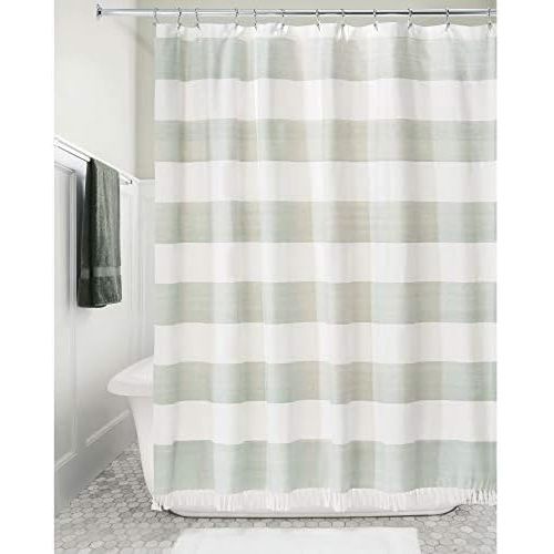  iDesign Wide Stripe Fabric Shower Curtain with Tassels, Fringe for Master, Guest, Kids Bathrooms, Bathtubs, Stalls, Sage