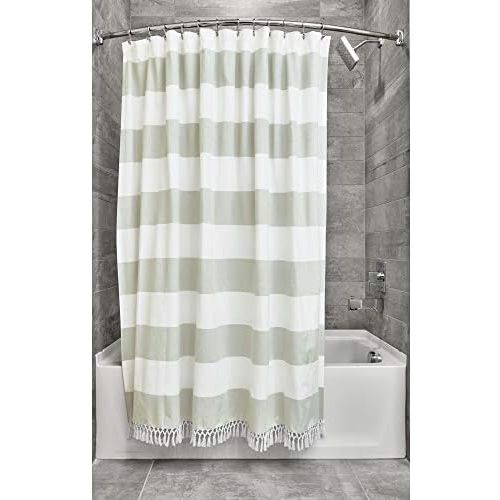  iDesign Wide Stripe Fabric Shower Curtain with Tassels, Fringe for Master, Guest, Kids Bathrooms, Bathtubs, Stalls, Sage