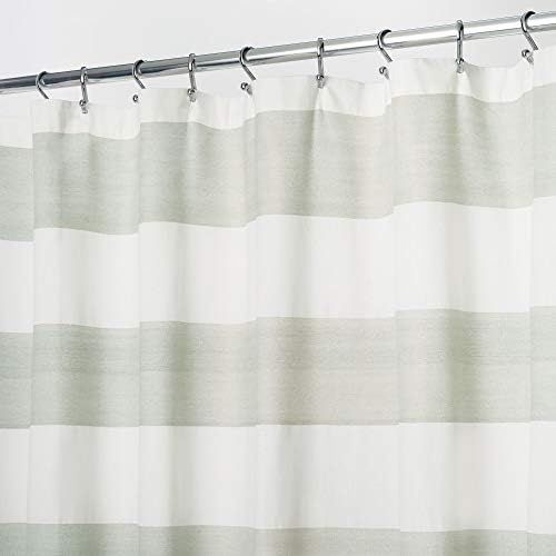 iDesign Wide Stripe Fabric Shower Curtain with Tassels, Fringe for Master, Guest, Kids Bathrooms, Bathtubs, Stalls, Sage