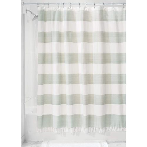  iDesign Wide Stripe Fabric Shower Curtain with Tassels, Fringe for Master, Guest, Kids Bathrooms, Bathtubs, Stalls, Sage