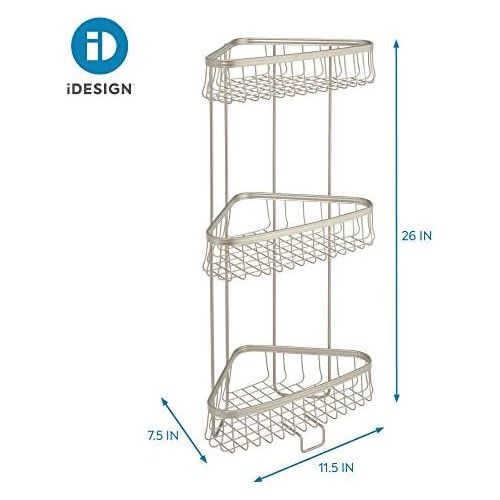  iDesign York Metal Wire Corner Standing Shower Caddy 3-Tier Bath Shelf Baskets for Towels, Soap, Shampoo, Lotion, Accessories, Satin