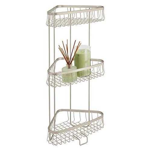  iDesign York Metal Wire Corner Standing Shower Caddy 3-Tier Bath Shelf Baskets for Towels, Soap, Shampoo, Lotion, Accessories, Satin