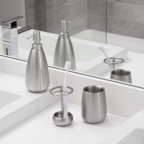  iDesign Nogu Metal Countertop Accessory Set, Soap Dispenser Pump, Toothbrush Holder, and Tumbler Set for Master, Guest, Kids Bathroom, 11.63 x 8.63 x 5, Brushed Stainless Steel