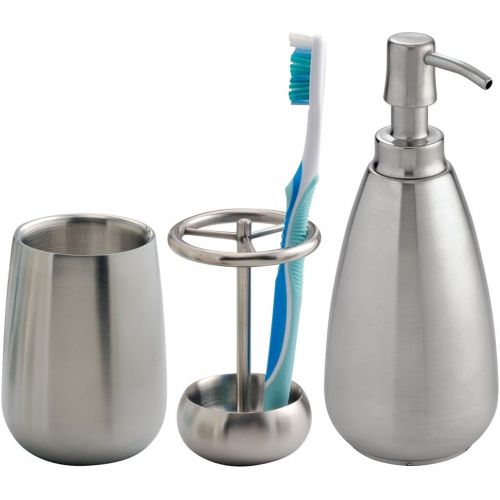  iDesign Nogu Metal Countertop Accessory Set, Soap Dispenser Pump, Toothbrush Holder, and Tumbler Set for Master, Guest, Kids Bathroom, 11.63 x 8.63 x 5, Brushed Stainless Steel