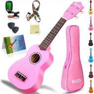iECO Soprano Ukulele Beginner Kit for Kids Adults 21 Inch Ukelele w/Case Strap Tuner Strings Picks (Pink)