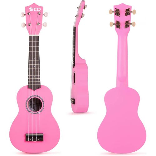  iECO Soprano Ukulele Beginner Kit for Kids Adults 21 Inch Ukelele w/Case Strap Tuner Strings Picks (Pink)