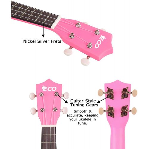  iECO Soprano Ukulele Beginner Kit for Kids Adults 21 Inch Ukelele w/Case Strap Tuner Strings Picks (Pink)