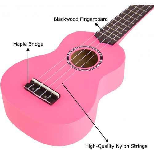  iECO Soprano Ukulele Beginner Kit for Kids Adults 21 Inch Ukelele w/Case Strap Tuner Strings Picks (Pink)