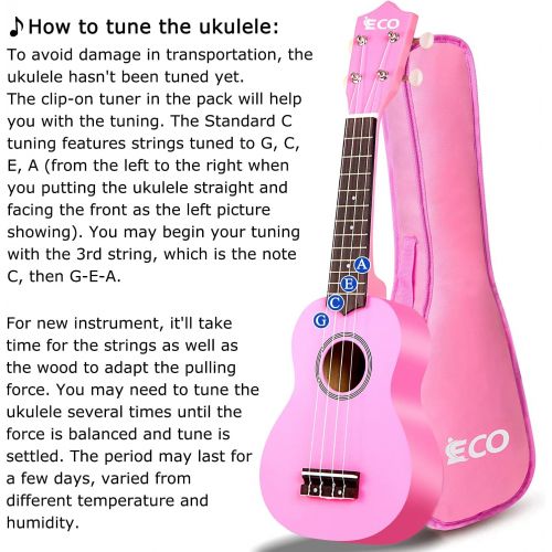  iECO Soprano Ukulele Beginner Kit for Kids Adults 21 Inch Ukelele w/Case Strap Tuner Strings Picks (Pink)