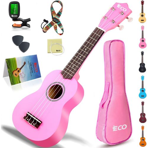  iECO Soprano Ukulele Beginner Kit for Kids Adults 21 Inch Ukelele w/Case Strap Tuner Strings Picks (Pink)