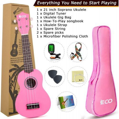  iECO Soprano Ukulele Beginner Kit for Kids Adults 21 Inch Ukelele w/Case Strap Tuner Strings Picks (Pink)