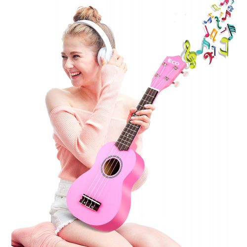  iECO Soprano Ukulele Beginner Kit for Kids Adults 21 Inch Ukelele w/Case Strap Tuner Strings Picks (Pink)