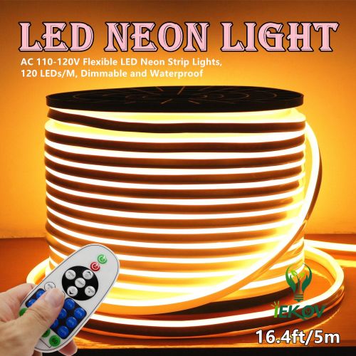  LED NEON Light, IEKOV AC 110-120V Flexible LED Neon Strip Lights, 120 LEDs/M, Waterproof 2835 SMD LED Rope Light + Controller Power Cord for Home Decoration (16.4ft/5m, Warm White