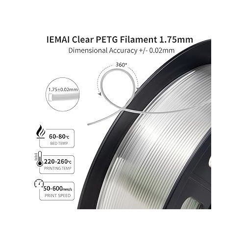  Clear PETG Filament 1.75mm, High Speed 3D Printer Filament Clear Filament for 50-600mm/s, High Light Transmittance Filament, Transparent PETG Filament 1kg(2.2lbs) Spool