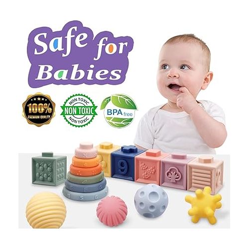  Montessori Toys for Babies,Soft Stacking Building Blocks Rings Balls Sets,3 in 1 Baby Toys Bundle,Sensory Toys for 6-12 Months, Soft Teething Toys for Babies,Baby Toys Gifts for Boy Girl