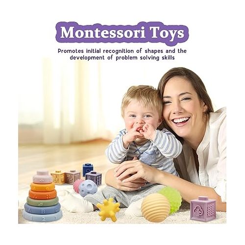  Montessori Toys for Babies,Soft Stacking Building Blocks Rings Balls Sets,3 in 1 Baby Toys Bundle,Sensory Toys for 6-12 Months, Soft Teething Toys for Babies,Baby Toys Gifts for Boy Girl