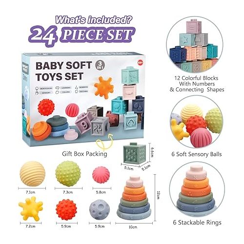  Montessori Toys for Babies,Soft Stacking Building Blocks Rings Balls Sets,3 in 1 Baby Toys Bundle,Sensory Toys for 6-12 Months, Soft Teething Toys for Babies,Baby Toys Gifts for Boy Girl
