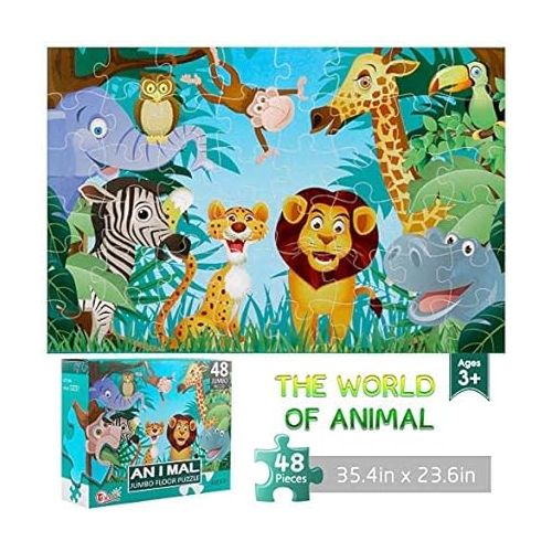  Jumbo Floor Puzzle for Kids Animal Jigsaw Large Puzzles 48 Piece Ages 3-6 for Toddler Children Learning Preschool Educational Development Toys 4-8 Years Old Birthday Gift for Boys and Girls