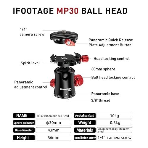  IFOOTAGE MP30 360° Panoramic Ball Head,Professional Head Aluminum Alloy, Stainless Steel,Compatible with 38/50mm Arca Swissfor Tripod, Monopod, DSLR, Camera,Load 22lb/10kg