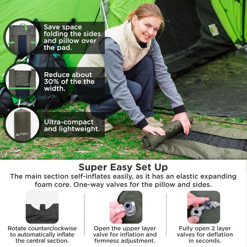  IFORREST Sleeping Pad with Armrest & Pillow - Protection of Rollover, Ultra-Comfortable Self-Inflating Camping Foam Air Mattress