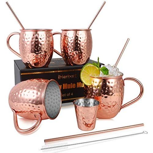  [아마존베스트]IHarbort Moscow Mule Copper Mugs Beer Glasses, Set of 2, 16 oz, HandCrafted Food Safe Pure Solid Stainless steel Copper Beer Mugs Wine Tumbler Cups Glasses, xmas Gift Set With 2 Straws, Ros