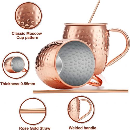  [아마존베스트]IHarbort Moscow Mule Copper Mugs Beer Glasses, Set of 2, 16 oz, HandCrafted Food Safe Pure Solid Stainless steel Copper Beer Mugs Wine Tumbler Cups Glasses, xmas Gift Set With 2 Straws, Ros