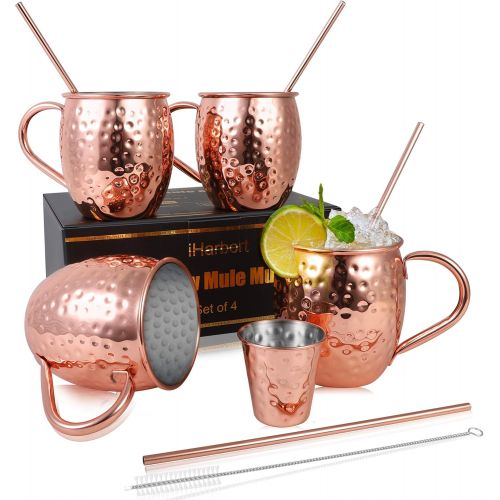  [아마존베스트]IHarbort Moscow Mule Copper Mugs Beer Glasses, Set of 2, 16 oz, HandCrafted Food Safe Pure Solid Stainless steel Copper Beer Mugs Wine Tumbler Cups Glasses, xmas Gift Set With 2 Straws, Ros