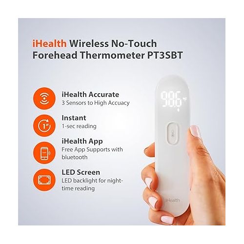 아이헬스 iHealth Smart Bluetooth Thermometer for Adults and Kids - Wireless No-Touch Digital Thermometer for Forehead - 3 Ultra-Sensitive Sensors, Large LED Digits, Vibration Mode - for Home Use, PT3SBT
