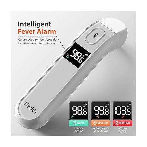 아이헬스 iHealth Digital Thermometer for Adults and Kids - Infrared Forehead Thermometer with Color Fever Indicator - Touchless, Fast, Accurate Results in 1 Second - Silent Mode, Easy-to-use for Home - PT2L
