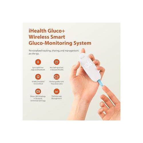아이헬스 iHealth Gluco+ Wireless Smart Blood Glucose Monitor Kit with Free App, 100 Glucometer Strips, 100 Lancets, 1 Blood Sugar Monitor, 1 Lancing Device, Portable Diabetes Testing Kit for Home Use