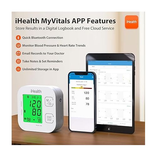 아이헬스 iHealth Track Smart Upper Arm Blood Pressure Monitor with Wide Range Cuff That fits Standard to Large Adult Arms, Bluetooth Compatible for iOS & Android Devices