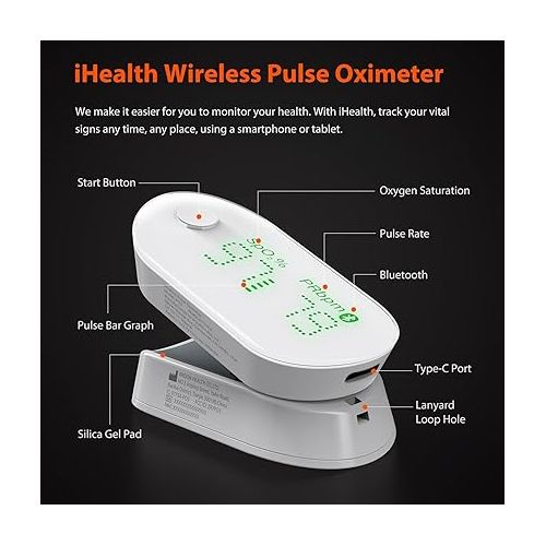아이헬스 iHealth AIR Rechargeable Fingertip Pulse Oximeter, Blood Oxygen Saturation Monitor with App, SpO2, Pulse Rate, Plethysmograph, and Perfusion Index