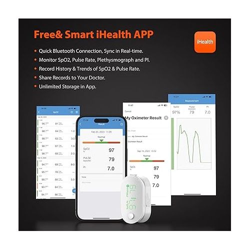 아이헬스 iHealth AIR Rechargeable Fingertip Pulse Oximeter, Blood Oxygen Saturation Monitor with App, SpO2, Pulse Rate, Plethysmograph, and Perfusion Index