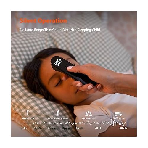아이헬스 iHealth No-Touch Forehead Thermometer, Digital Infrared Thermometer for Adults and Kids, Non-Contact Baby Thermometer, 3 Ultra-Sensitive Sensors, Large LED Digits, Quiet Vibration Feedback, Black