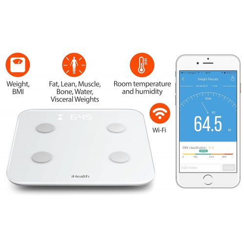 아이헬스 IHealth iHealth Core Wireless Body Fat Scale Smart BMI Scale Digital Bathroom Wi-Fi Weight Scale, Body Composition Analyzer with Fitness app 400 lbs, Large Tempered Glass Surface, lbs/kg/s