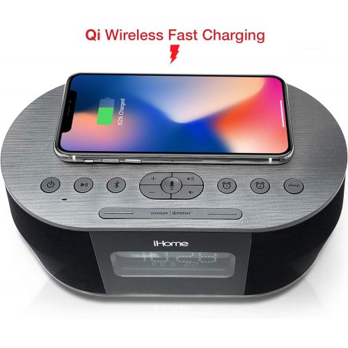  iHome iBTW38 Alarm Clock Bluetooth Stereo with Lightning iPhone Qi Wireless Charging Dock Station for iPhone Xs, XS Max, XR, X, iPhone 8/7/6 Plus USB Port to Charge Any USB Device: