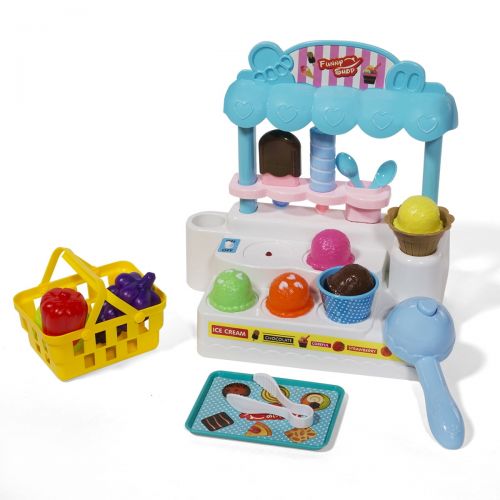  Ihubdeal ihubdeal Press and Play Ice Cream Parlor Set - Pretend Food Toy Set for Kids with Assorted Play Foods, Interactive Cash Register, Lights and Music, 23-Piece