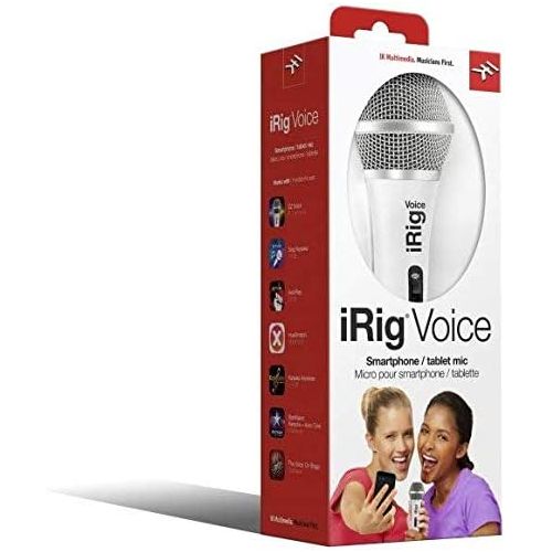  IK Multimedia iRig Voice karaoke microphone, portable & durable thermoplastic, 3.5mm jack and on/off switch and headphone output, for iPhone, iPad, iPod touch, Android devices (white)