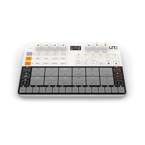  IK Multimedia UNO Drum analog and digital drum machine with 6 analog voices, 64-Step Sequencer, USB and 2.5mm MIDI, 100 pattern presets, battery-powered and portable